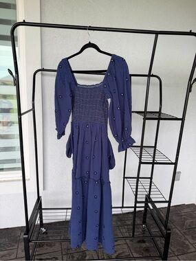 Smocked Square-Neck Maxi Dress — Navy